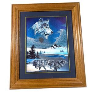 Vintage Wolf Foil Art Framed Signed Brennan “Wolf Creek Run” KC MO
